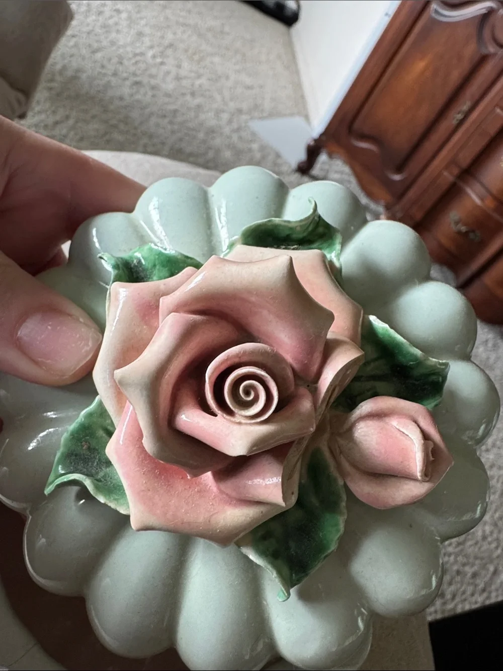 Vintage Rose Mint Trinket Porcelain Jewelry Holder GUC -Small Flaw